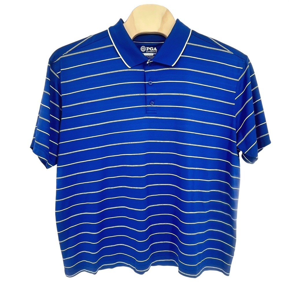 PGA Authentic Polo Shirt Mens XL Blue White Striped Performance Golfcore Preppy